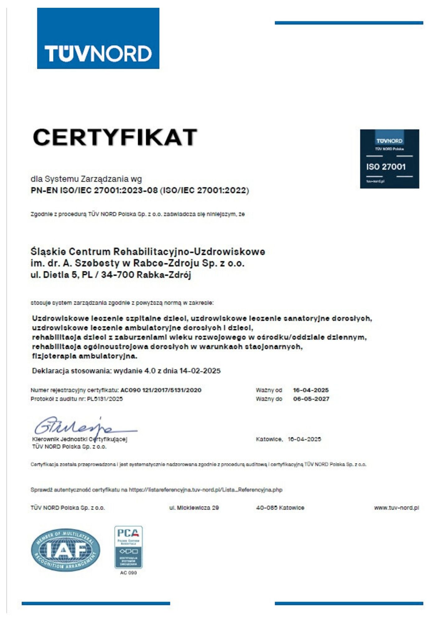 Certyfikat ISO 27001